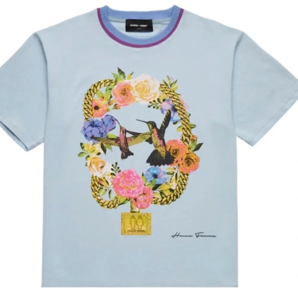 NWT Homme + Femme Shirt Paradise Chain Tee Adult Birds Blue Crew Neck Floral Top